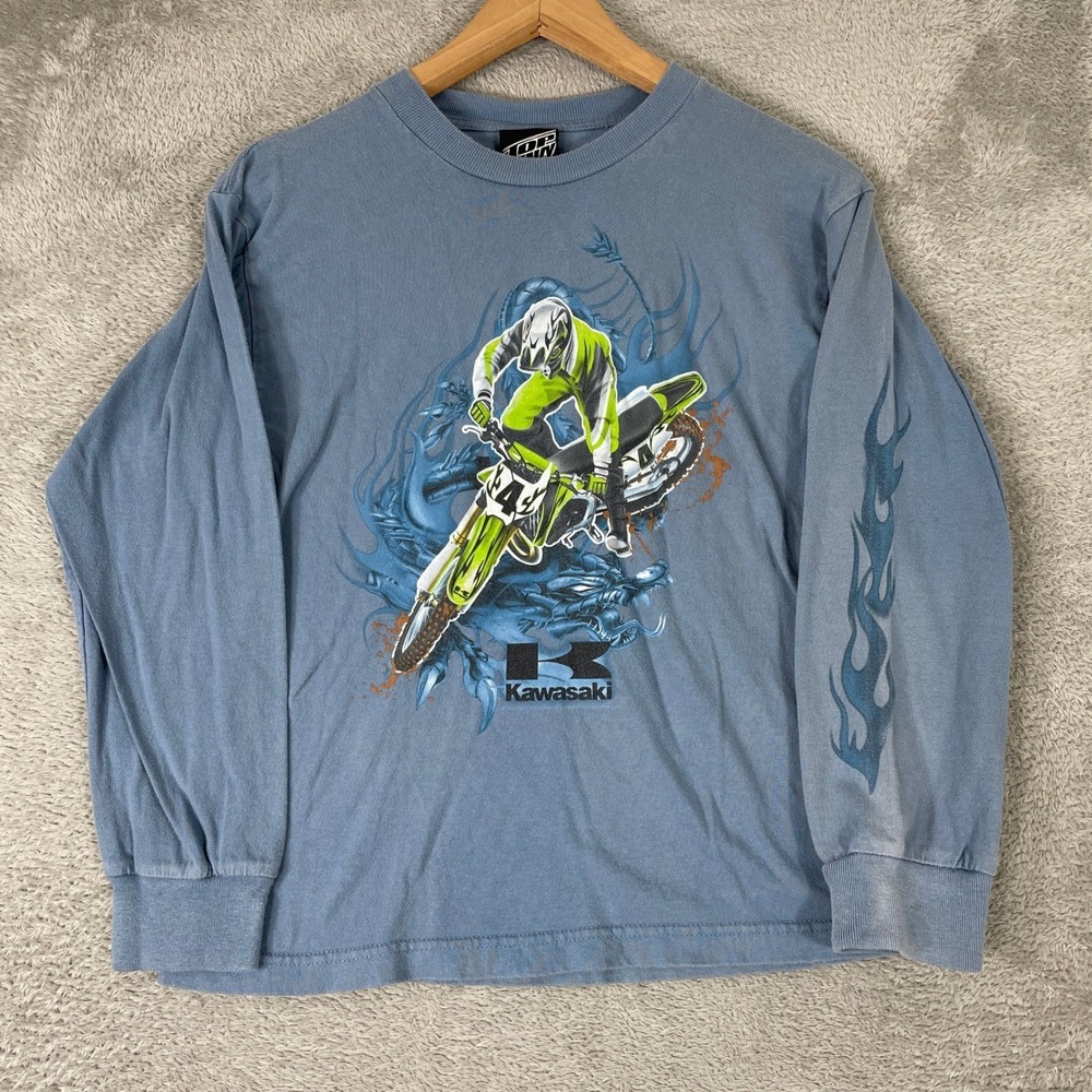 Top Heavy Kawasaki Motocross Tee Kids Medium Blue Long Sleeve Flame Y2K Skater